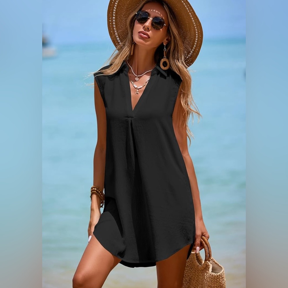 Elegant Black Sleeveless V-Neck Swim Cover-Up